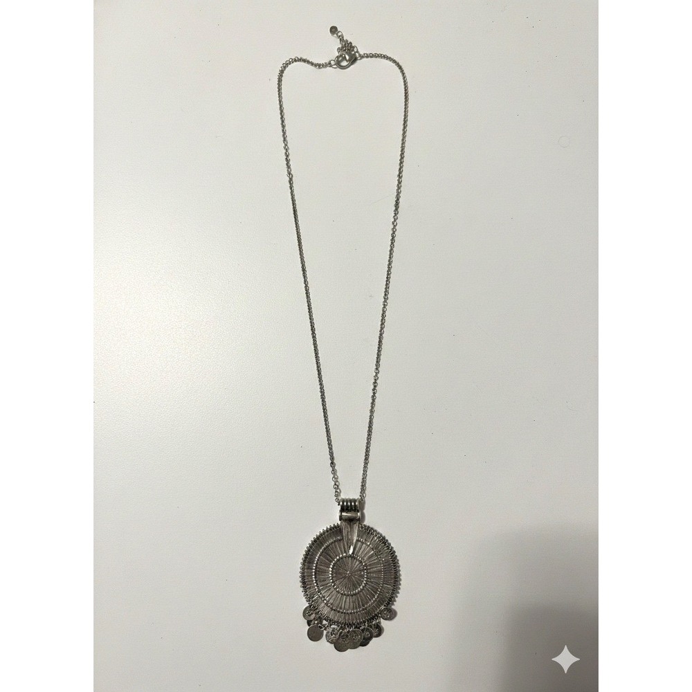 Mandela Medallion Boho Silver Tone Round Necklace Dangle Coins Eccentric Tribal